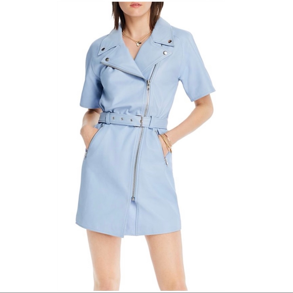 Lini Blue Asymmetric Zip Leather Mini Dress, Large